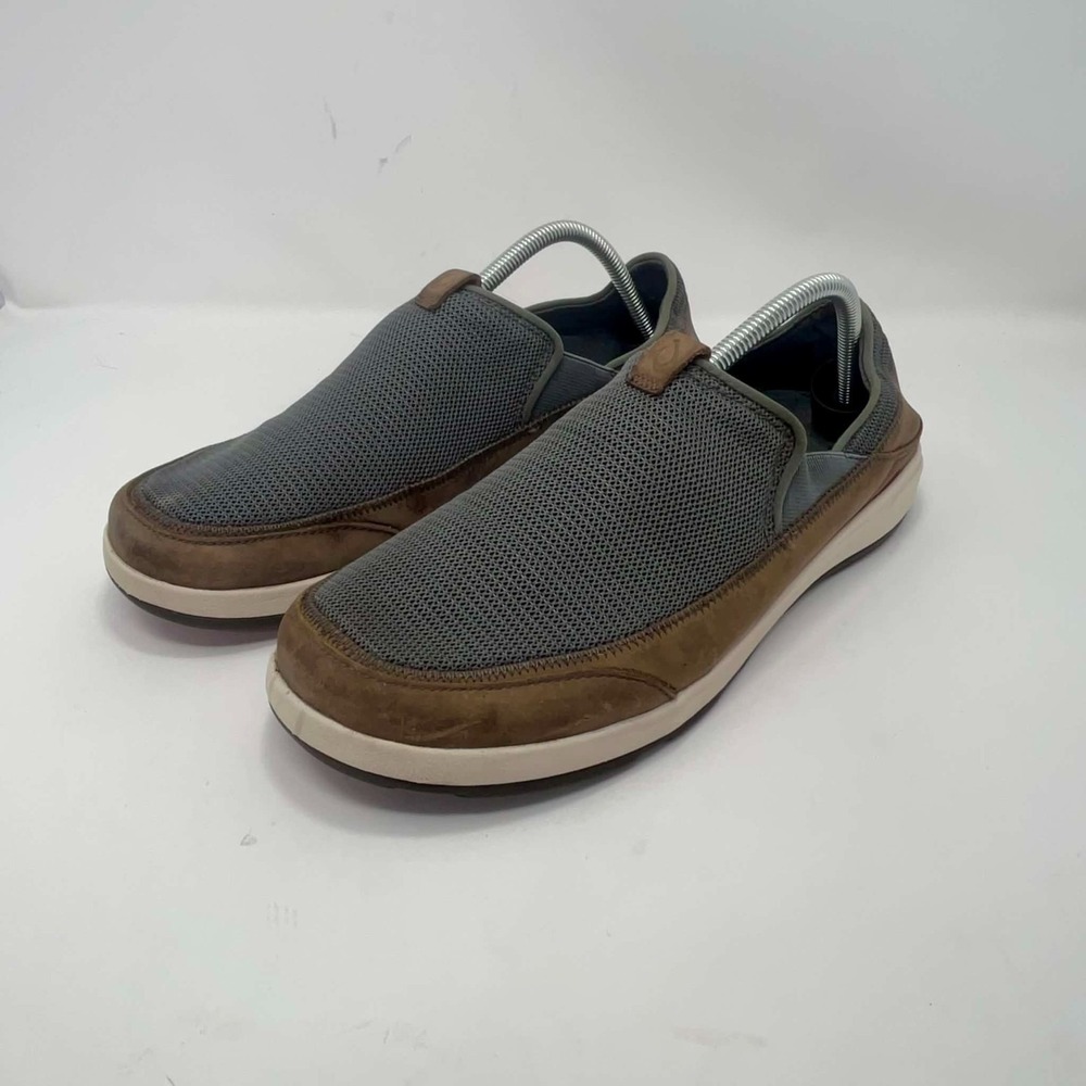 OluKai Makia Mens 10 Brown Gray Leather Mesh Drop In Heel Slip On Shoes 10363
